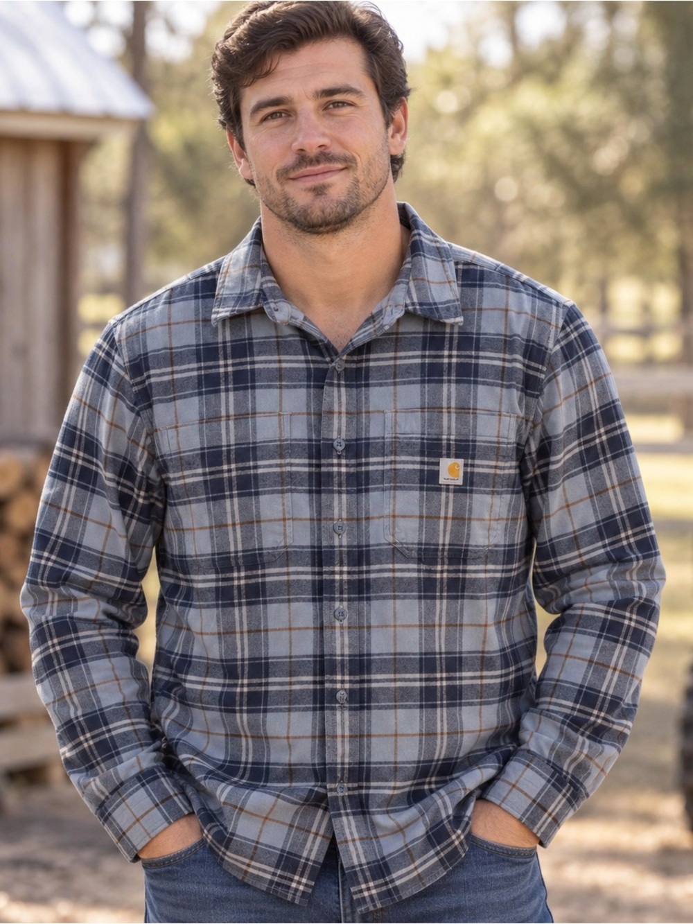 Carhartt Men’s Large Relaxed Fit Plaid Flannel Shirt Blue Gray Stretch